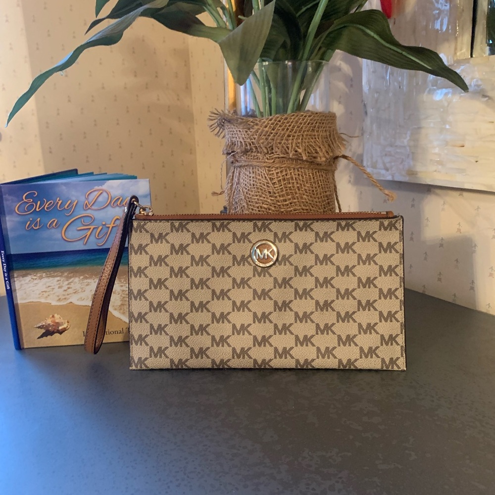 Michael Kors NEW never carried Wristlet. Khaki Tan PVC with Brown signature MK.